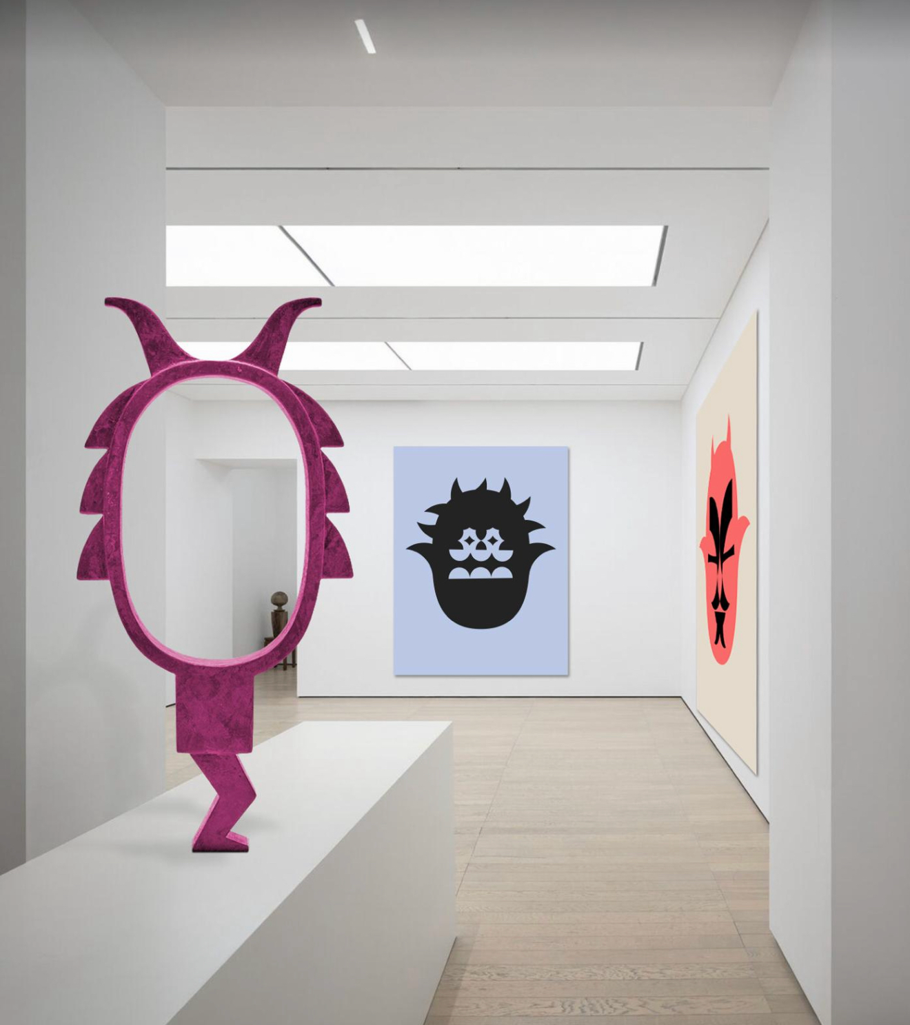 Installation view: magenta horned sculpture with two dimoni portraits on the walls