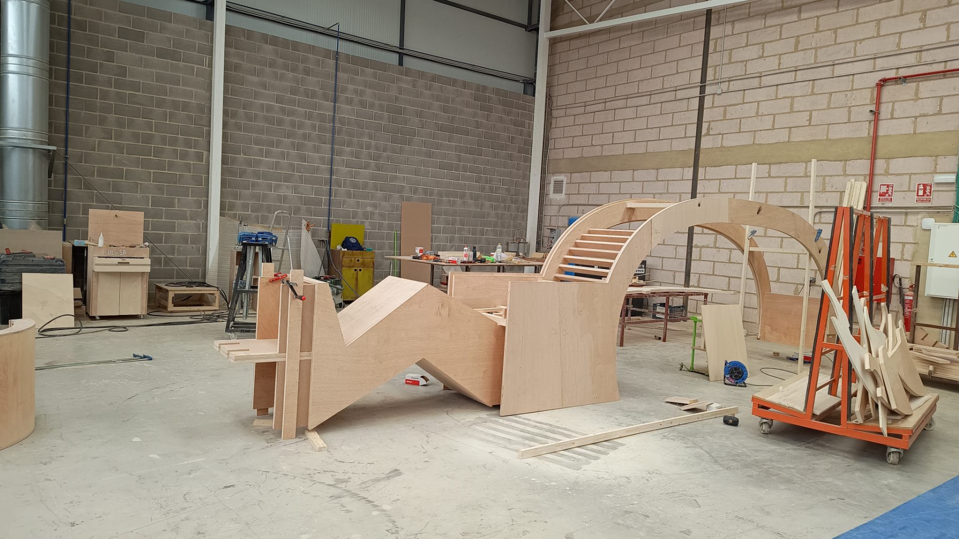 Interior shelving and arch frame under construction