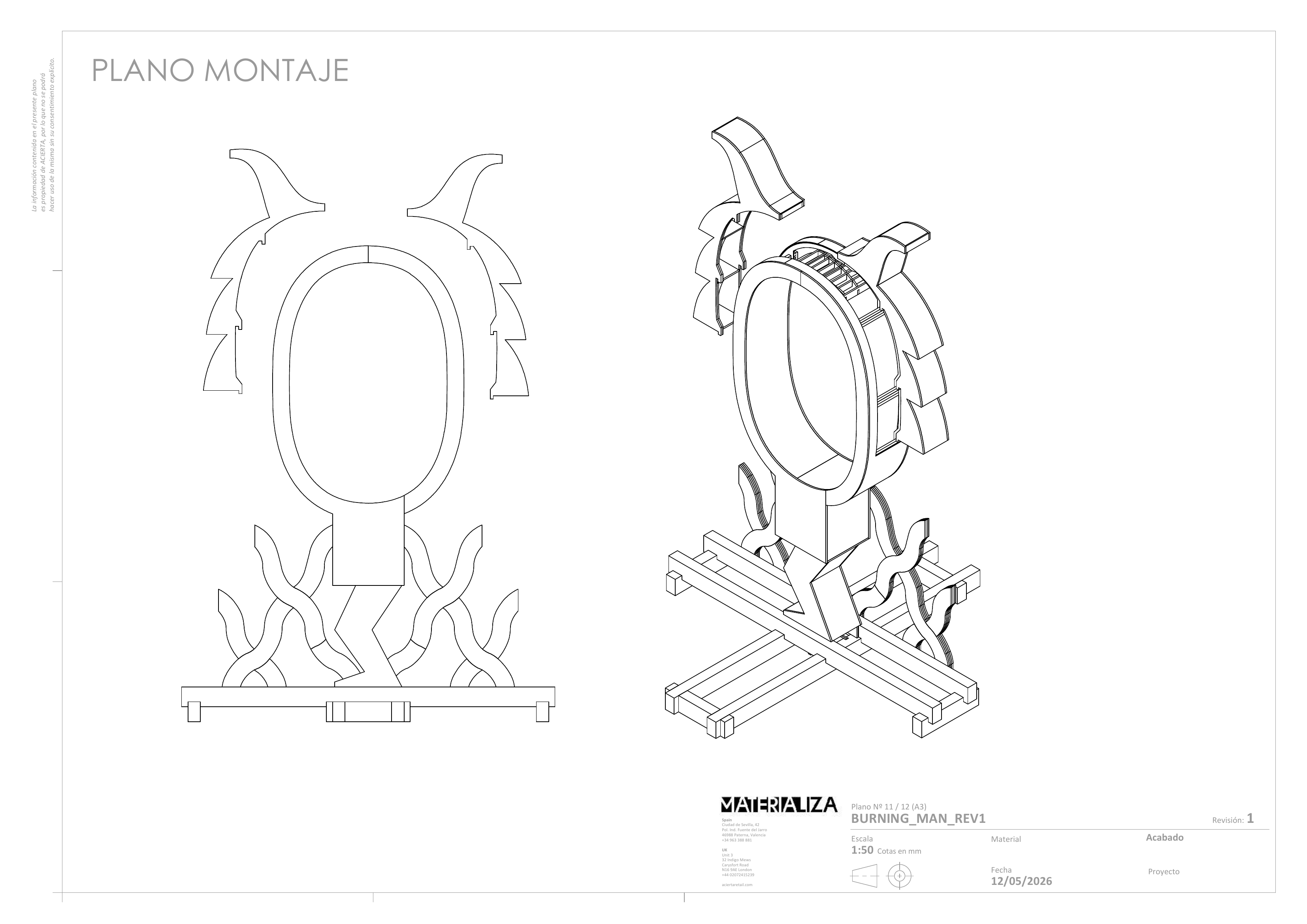 Technical assembly drawing of the Correfoc sculpture — front and isometric views