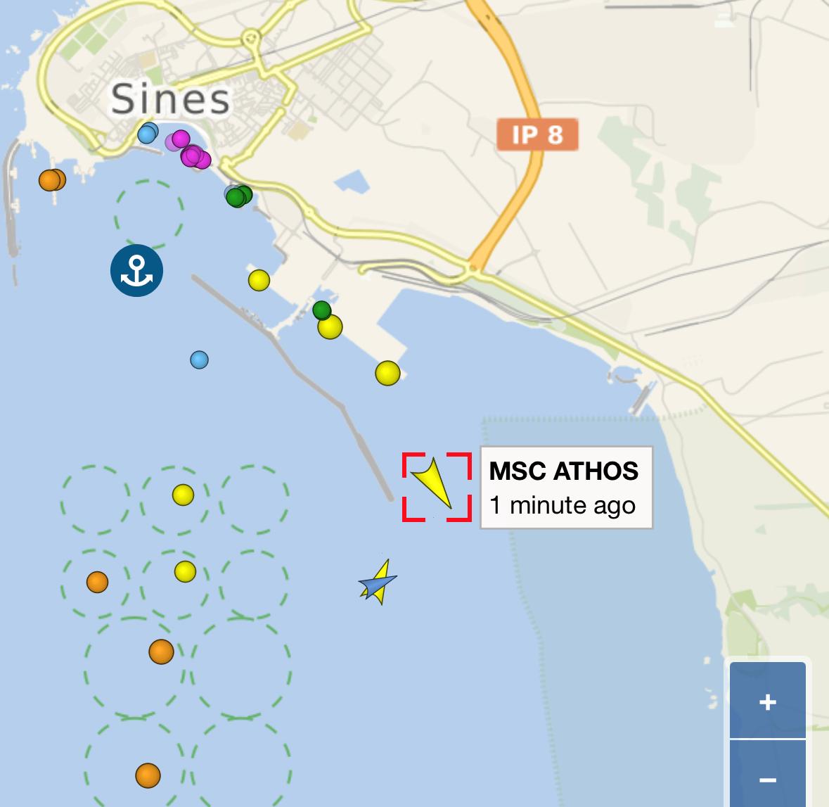 MSC ATHOS passing Sines, Portugal, on the way out of Europe
