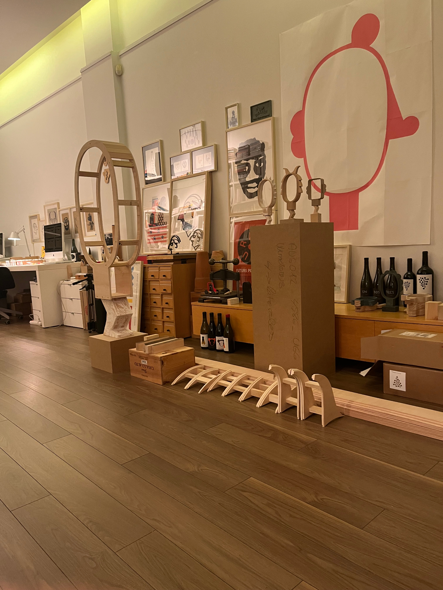 Studio installation with prototype structure and framed references
