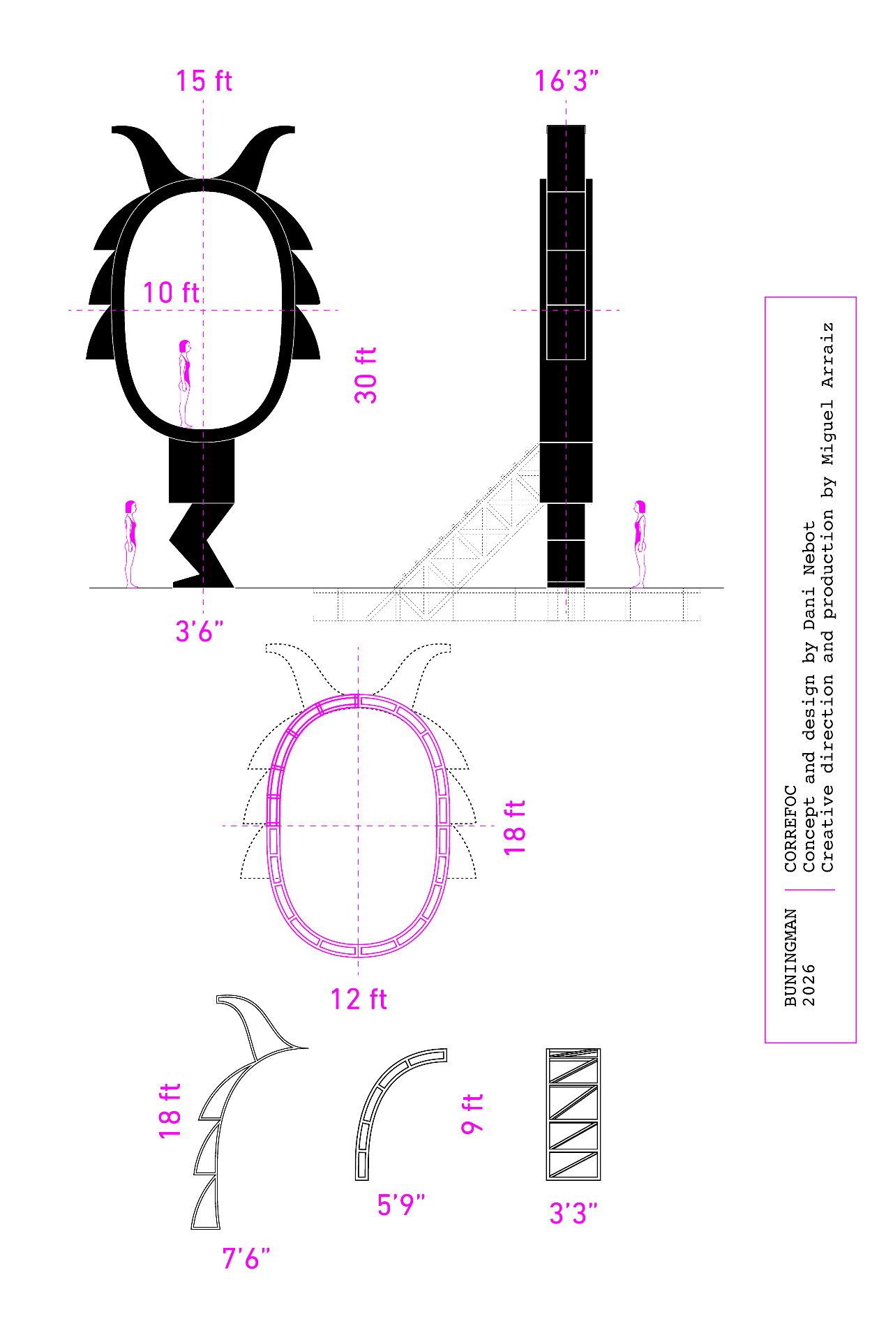 Correfoc technical drawing: front and side elevations, plan view, and component dimensions